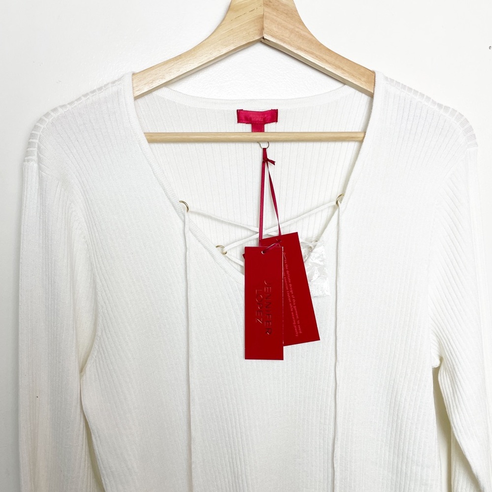 NWT Jennifer Lopez 2X White Ribbed Lace-Up Sweater Tunic Top Plus Size - Picture 3 of 9